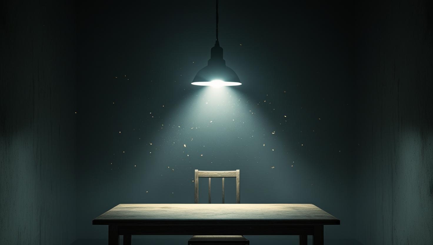 a bright lamp in a dark room. Interrogation